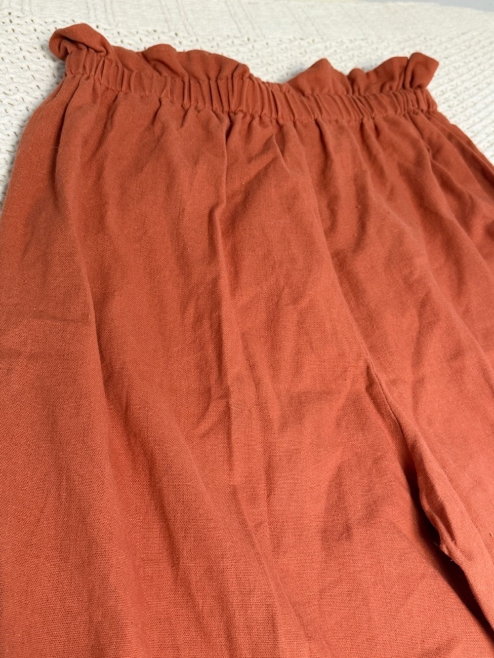 IRIS Burnt Orange Elastic Paperbag Waist Pants with Brown Faux Buttons Wide Leg - Picture 6 of 6